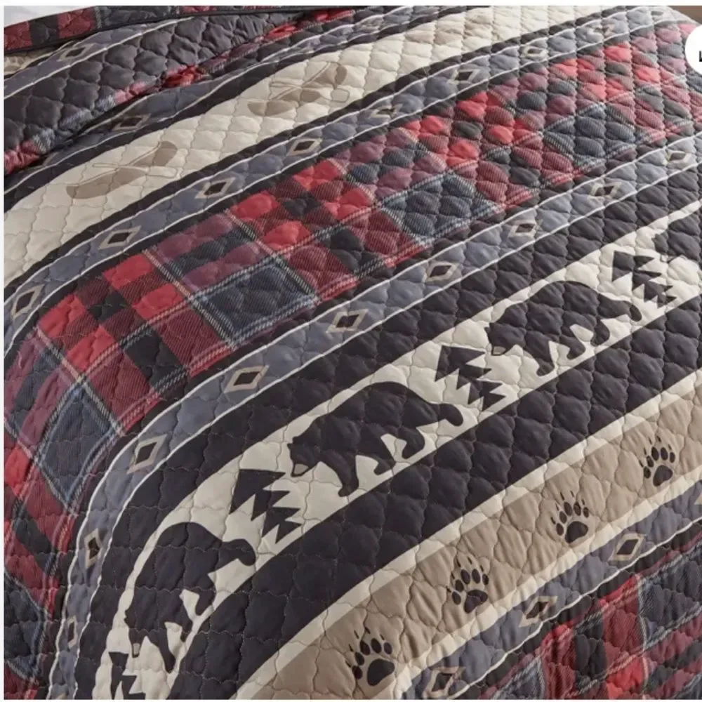 Bear Lodge Printed Reversible King Quilt Set Country Cabin Bonus Tote Bag